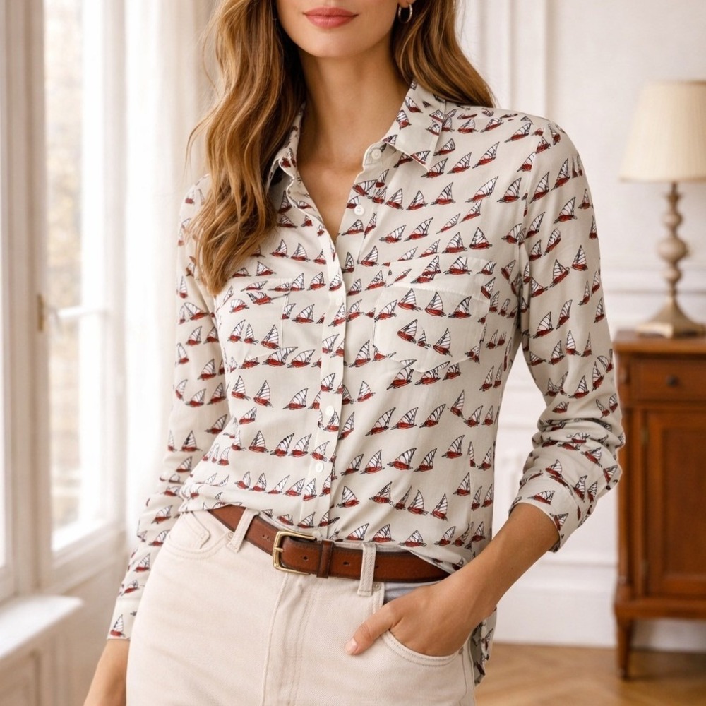 Equipment Cream Red Femme Silk Sailboat Print Blouse Button Down Size Small‎